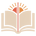 A stylized open book icon with a red vertical center line, beige pages, and orange sunburst rays above, shown on a plain white background.