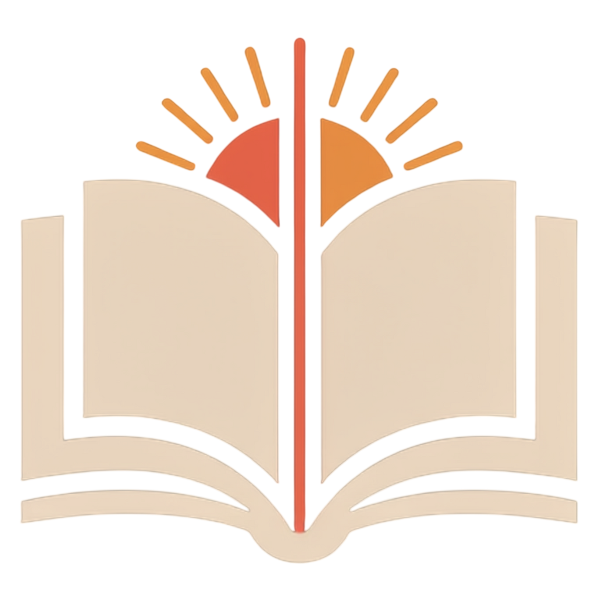 A stylized open book icon with a red vertical center line, beige pages, and orange sunburst rays above, shown on a plain white background.