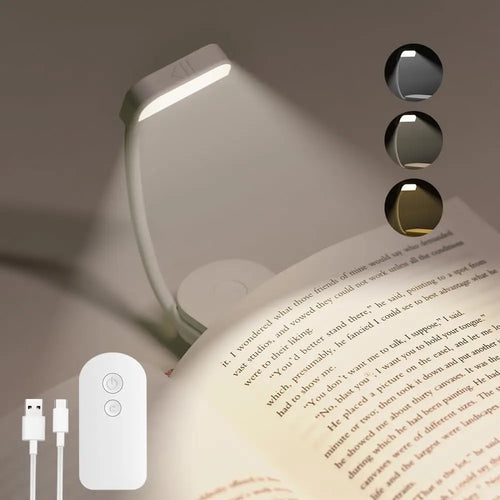 Rechargeable clip-on book light with 3 color temperatures clipped to open book at night