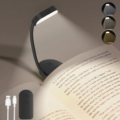 Black dimmable LED book light with foldable hose on white background product photo