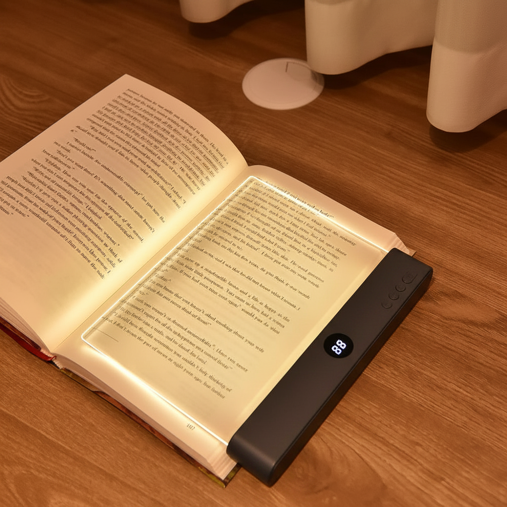 Black acrylic flat book night light glowing beside an open book